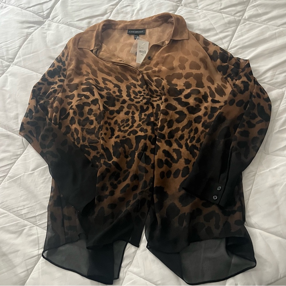 Lane Bryant Women's Brown Sheer Animal Print Split Back Hi-Lo Hem Size 18/20